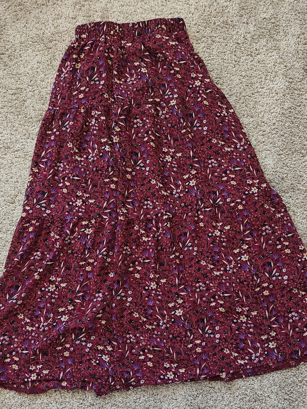 Bohemian Floral Tiered Maxi Skirt in Burgundy